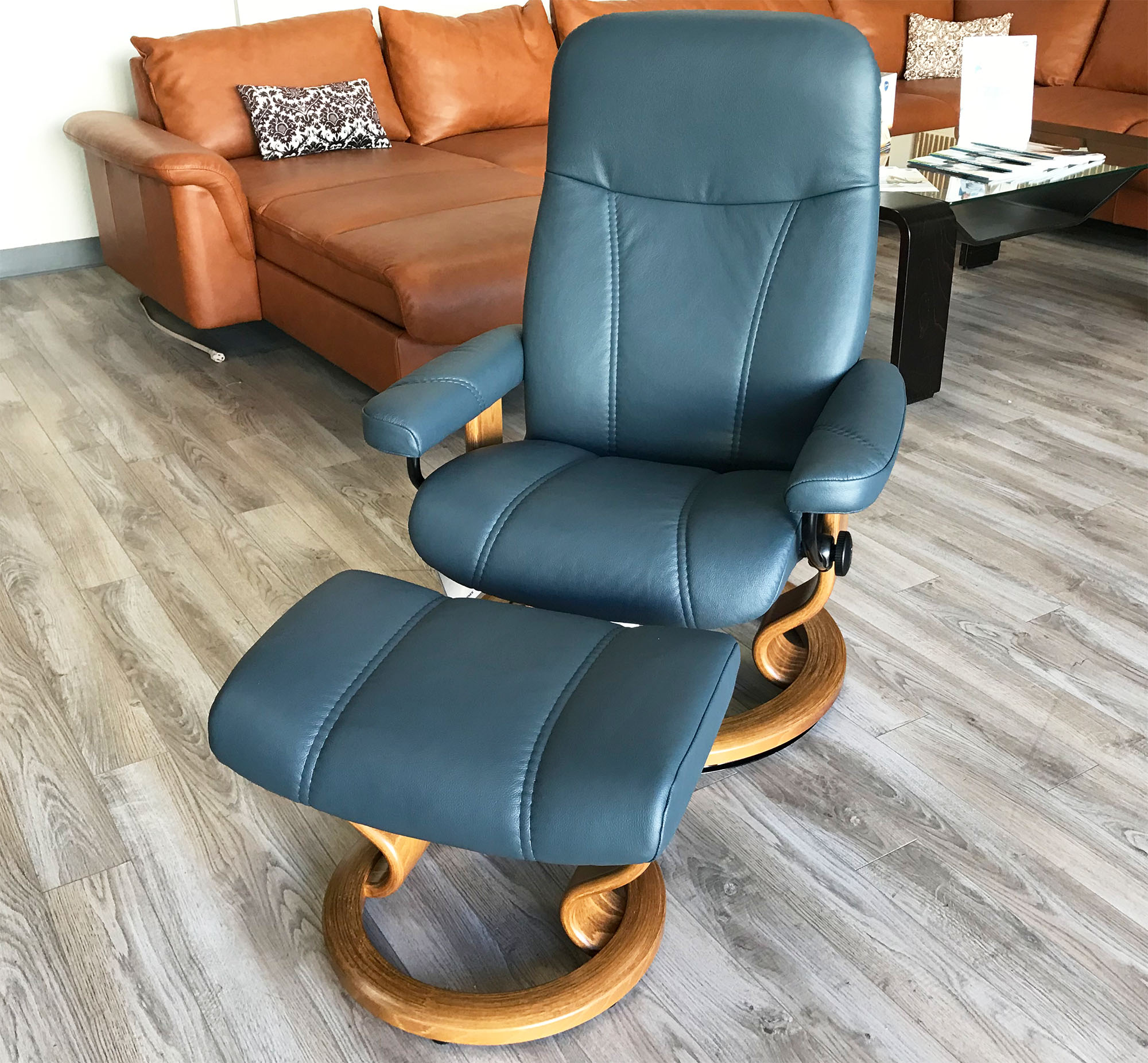 Stressless Consul Recliner Chair and Ottoman Batick Atlantic Blue