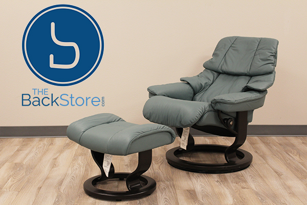 Small Reno Stressless Tampa Paloma AquaGreen Leather Recliner Chair by Ekornes
