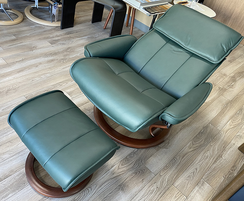 Stressless Admiral Recliner in Dark Green Paloma Leather and Brown Wood Stain Classic Base