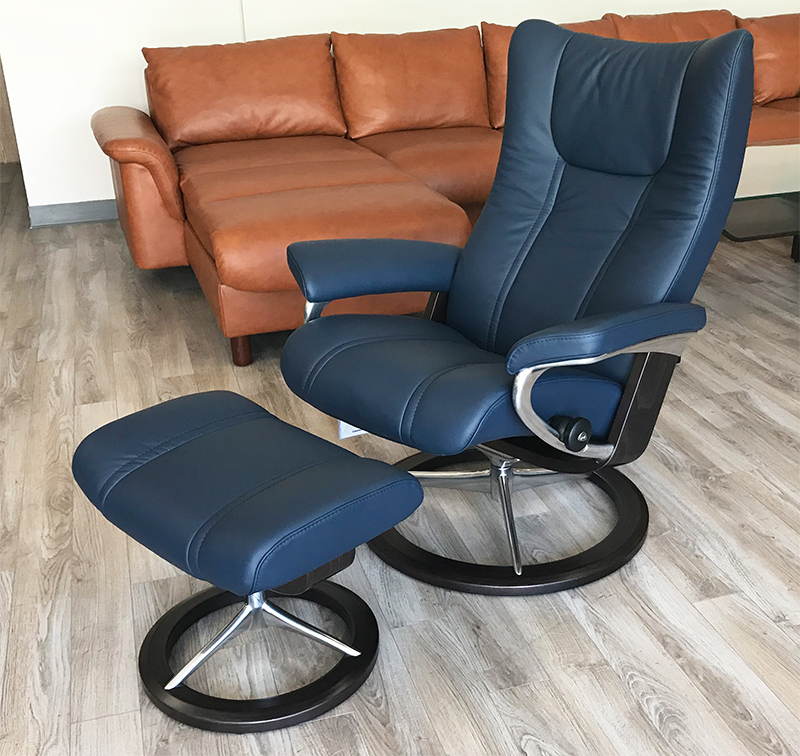Stressless Wing Signature Chrome Base Recliner Chair and Ottoman in Paloma Oxford Blue Leather
