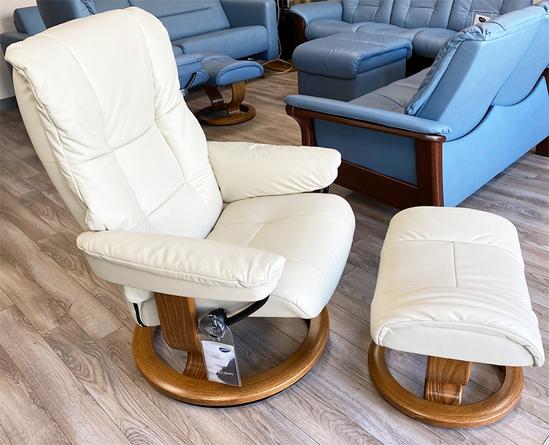 Stressless Mayfair Paloma Light Grey Leather Recliner Chair and Ottoman with Classic Teak Wood base by Ekornes