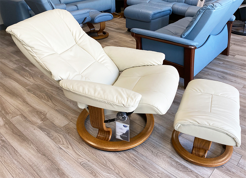 Stressless Mayfair Paloma Light Grey Leather Recliner Chair and Ottoman with Classic Teak Wood base by Ekornes