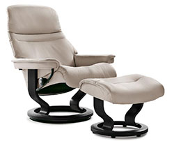 Stressless Sunrise Classic Hourglass Wood Base Recliner Chair and Ottoman