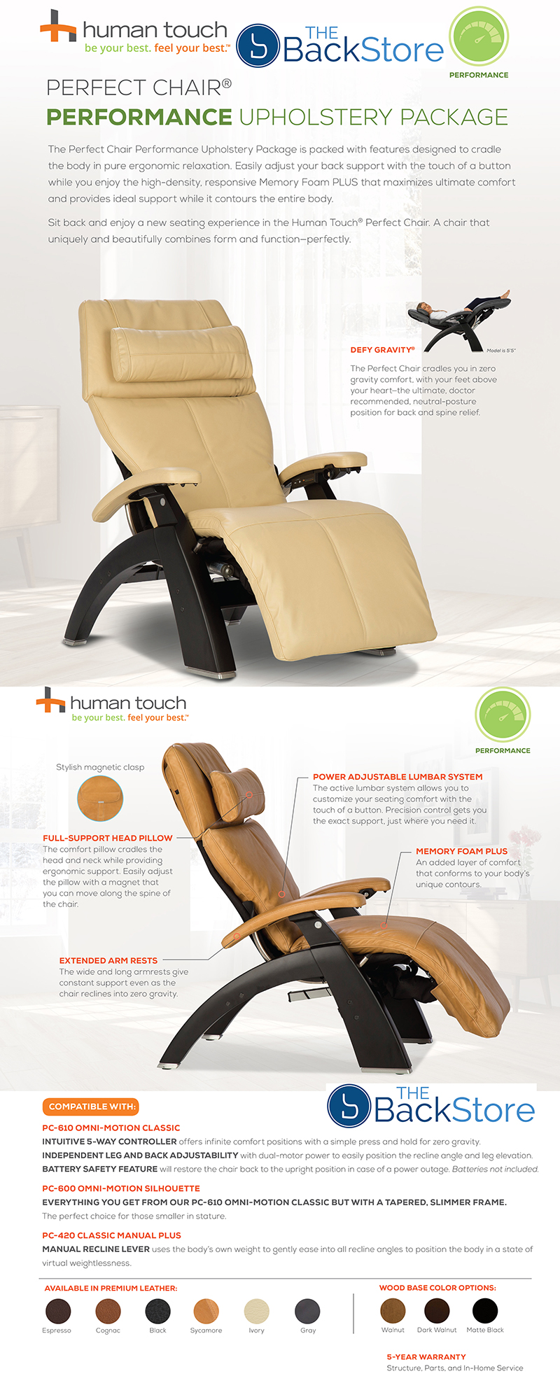 Human Touch Perfect Chair Zero Gravity Recliner with Performance Premium Upholstery Package