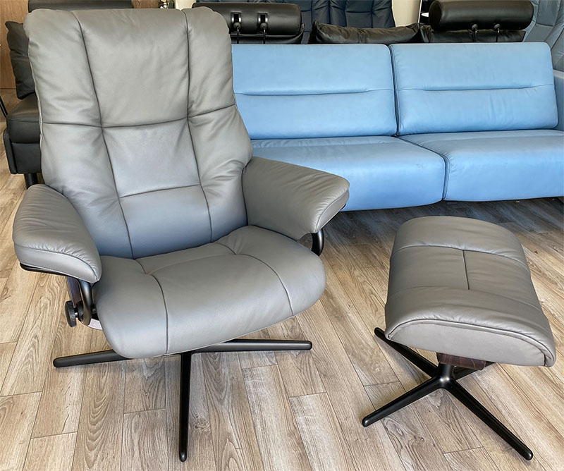 Stressless Mayfair Cross Matte  Black Base with Paloma Metal Grey Leather  Recliner Chair and Ottoman - Brown Wood Stain Base